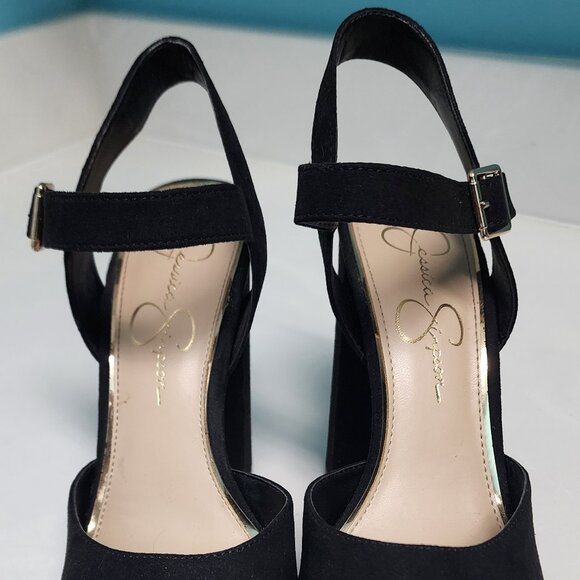 Jessica Simpson Black Suede Peep Toe Ultra High Block Heels Sz 8.5 - Picture 2 of 10
